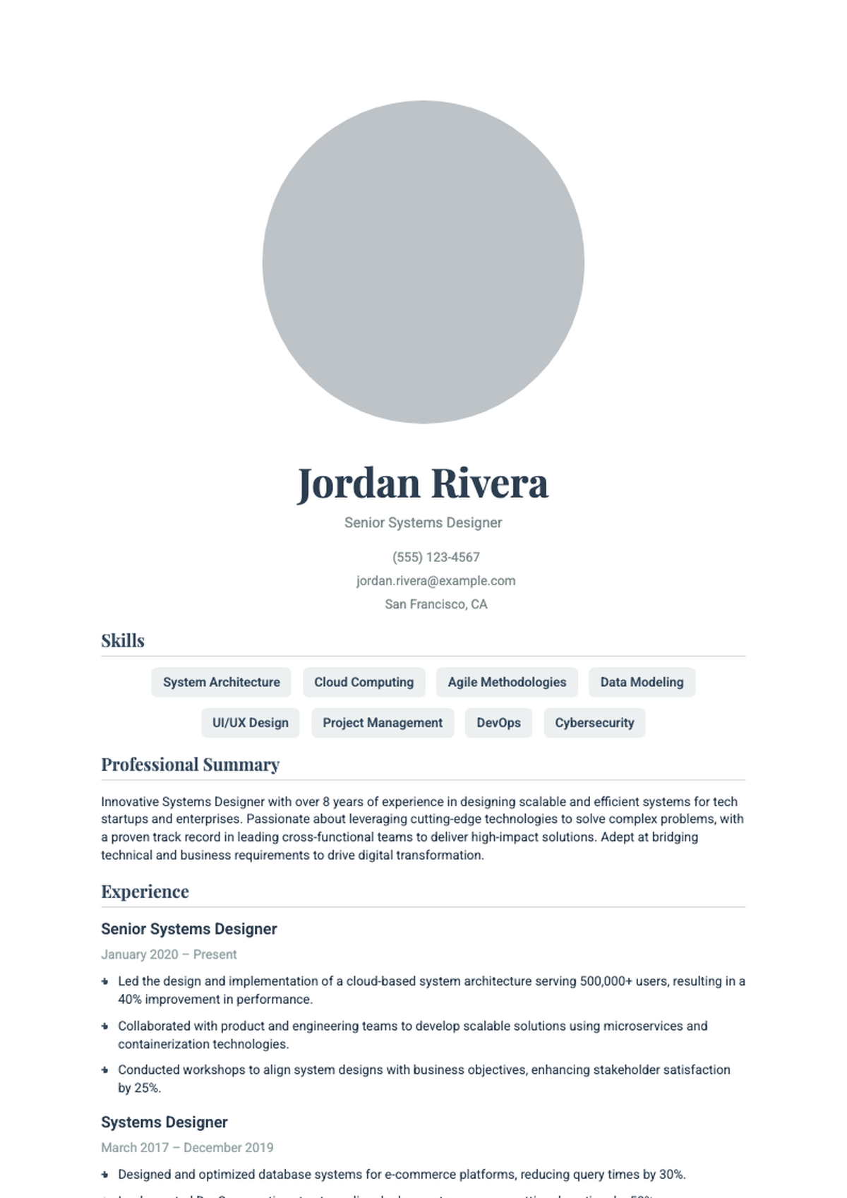 Professional systems designer resume with photo and detailed sections_variant_2